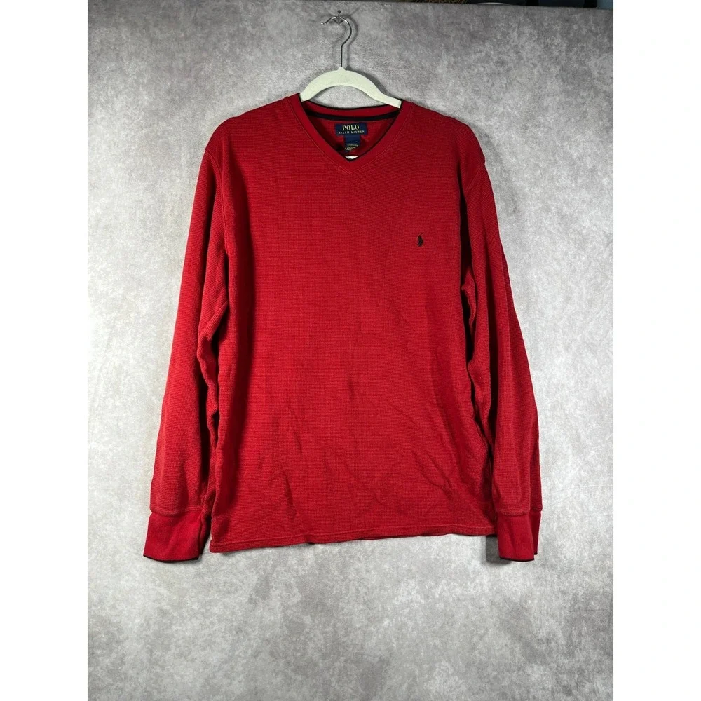 Polo Ralph Lauren Shirt Mens Size XL‎ Red Waffle Knit Long Sleeve Thermal V-Neck